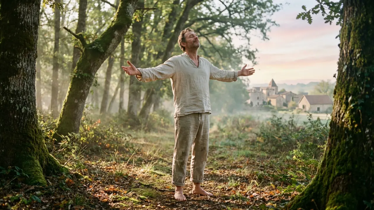Cadre marchant pieds nus dans une forêt de son enfance