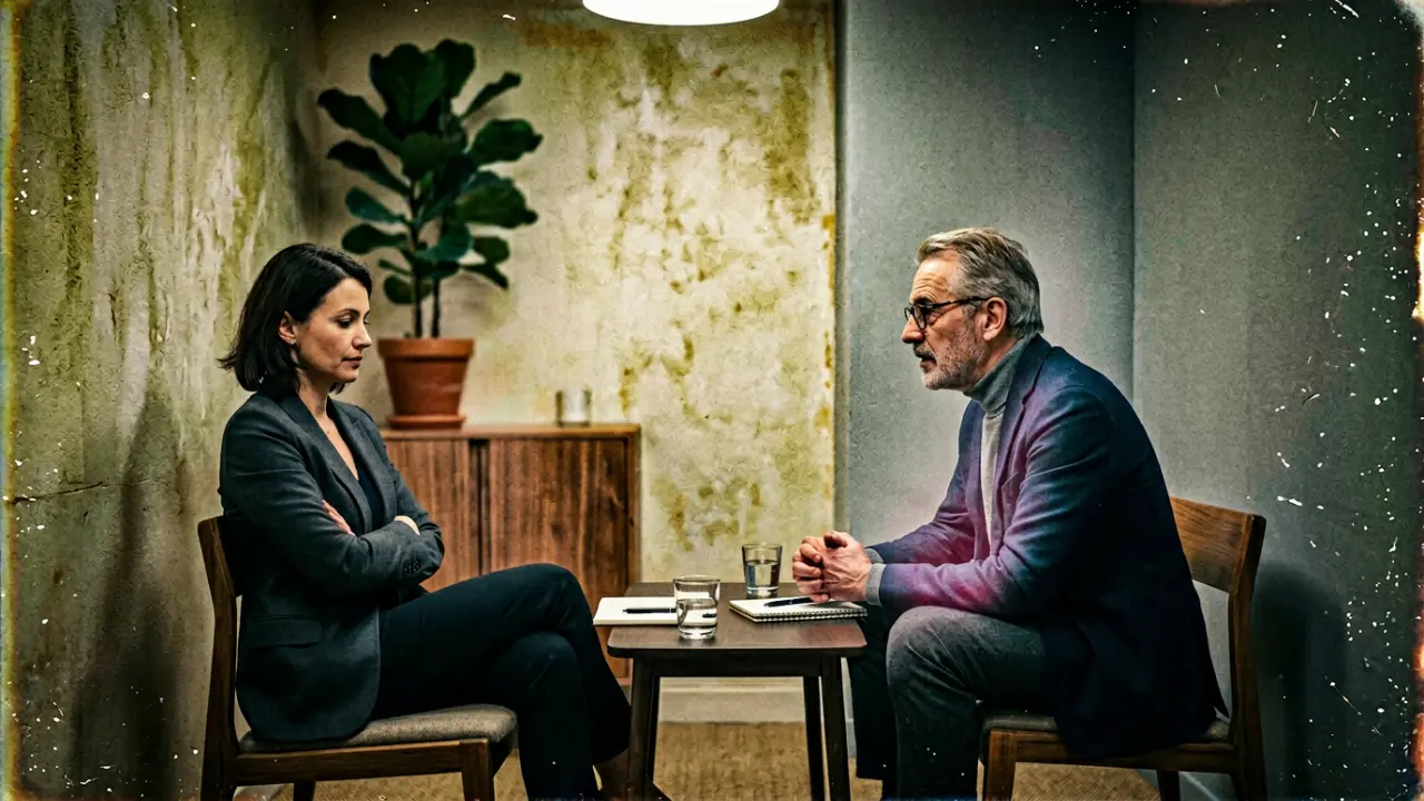 Séance de coaching individuel en bureau parisien, dirigeante aux bras croisés face à son coach