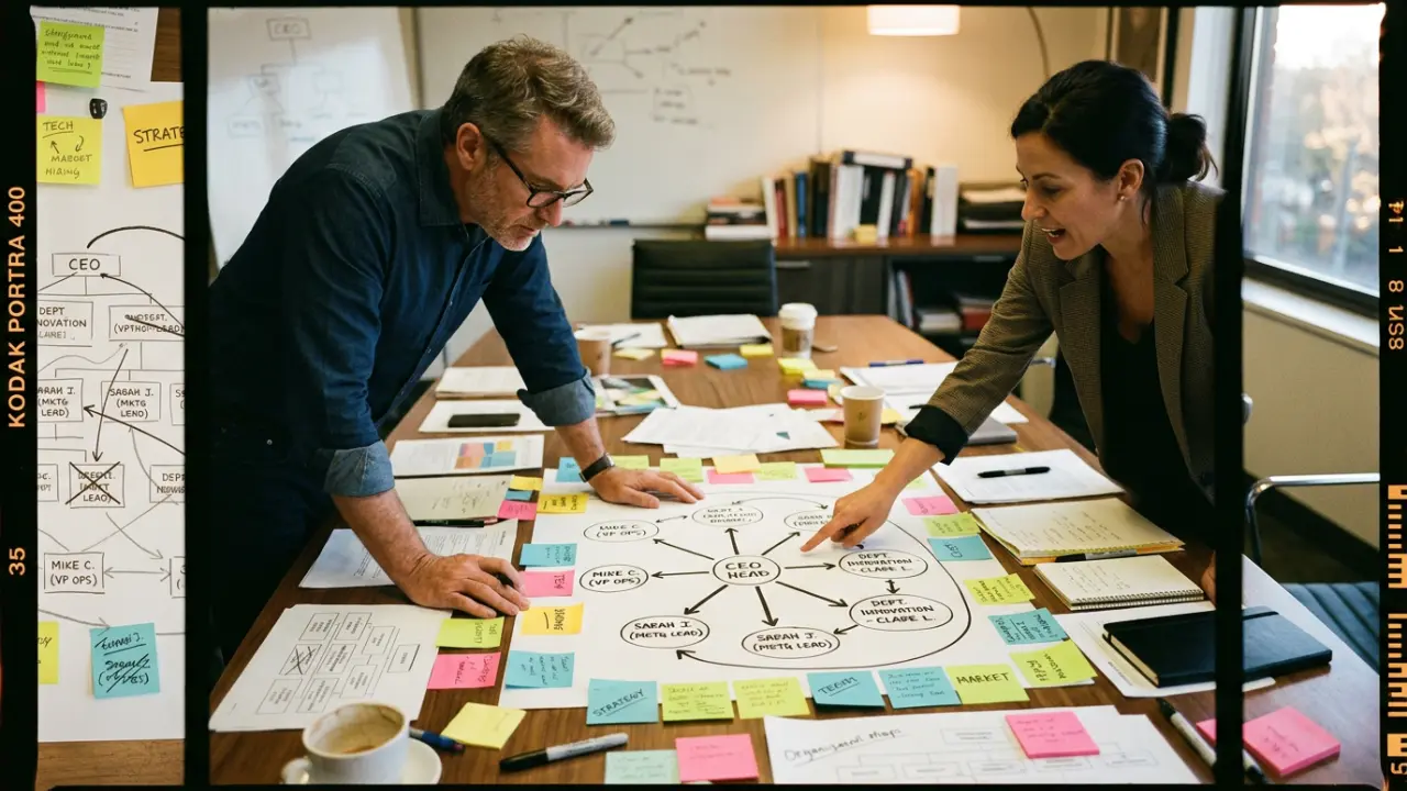 Dirigeant et collaboratrice analysant une cartographie d'acteurs sur grande table couverte de notes et schémas