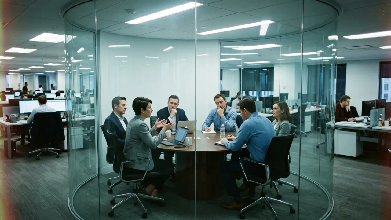 Réunion circulaire en salle vitrée, dirigeants en discussion répétitive illustrant les boucles de rétroaction