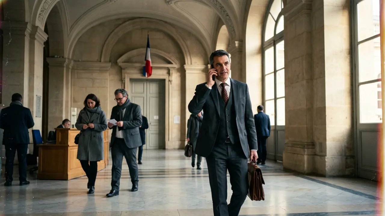 Dirigeant en costume traversant le hall d'une institution publique française, contraste entre logiques privée et publique