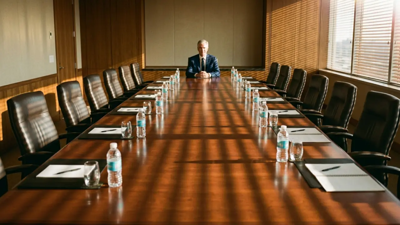 Dirigeant senior seul en salle de réunion vide, posture sereine et regard clair après coaching systémique