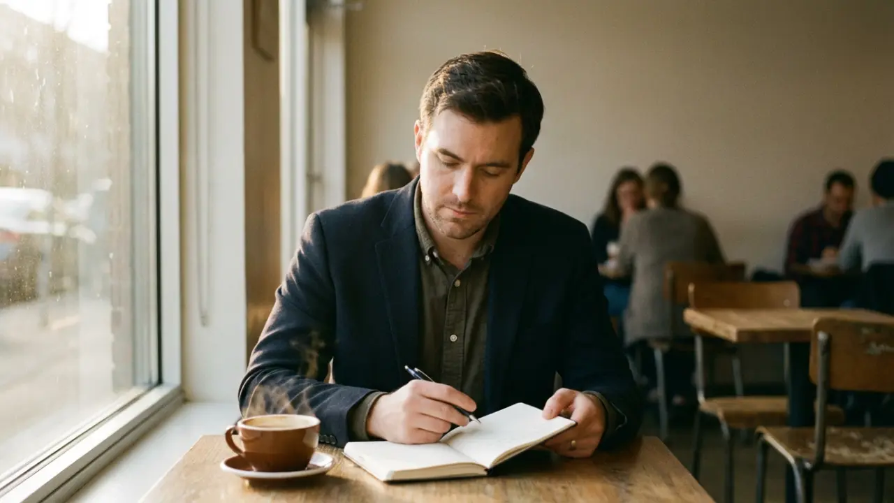 CTO en introspection dans un café, carnet ouvert