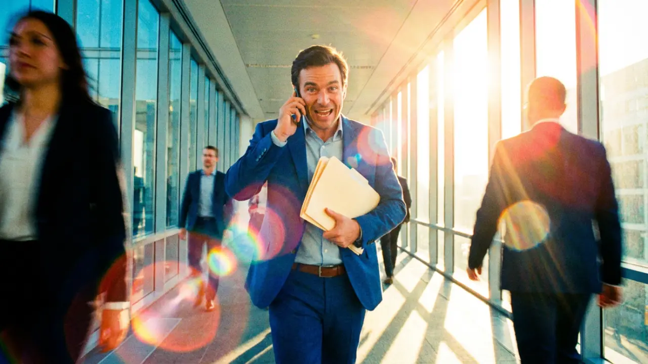 Cadre dirigeant dynamique marchant avec confiance dans une tour de bureaux