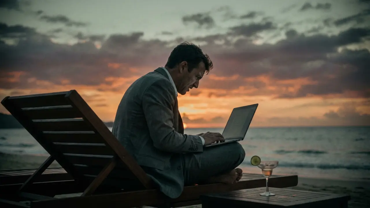 Homme d’affaires anxieux travaillant sur son ordinateur portable sur une plage