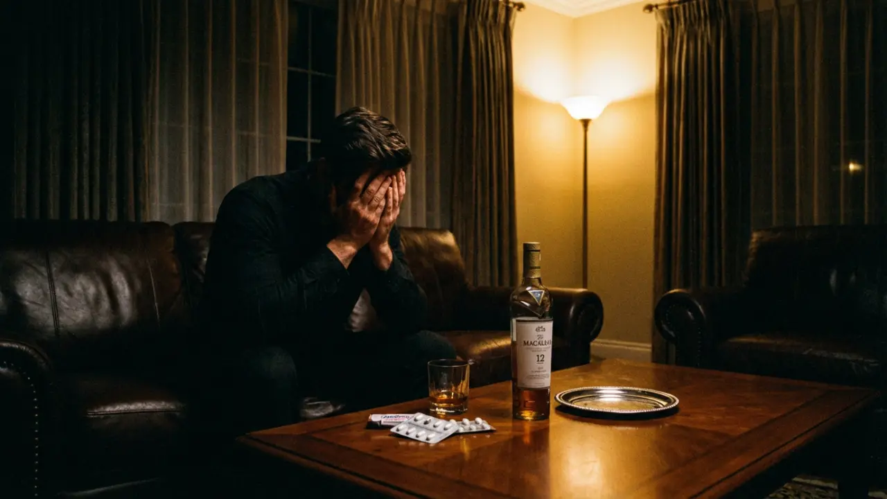 Dirigeant seul le soir avec un verre de whisky et des médicaments