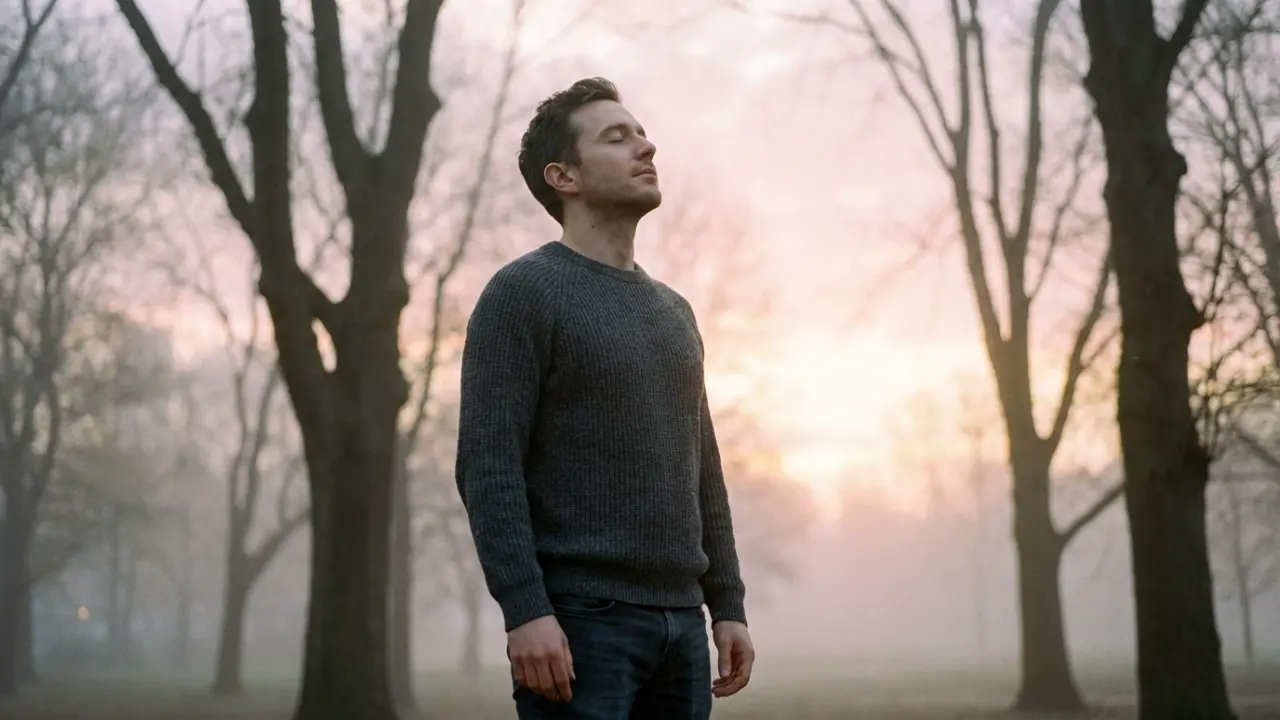 Homme serein respirant face au soleil levant