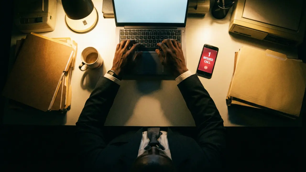 Dirigeant travaillant tard le soir, captivé par une notification sur son smartphone