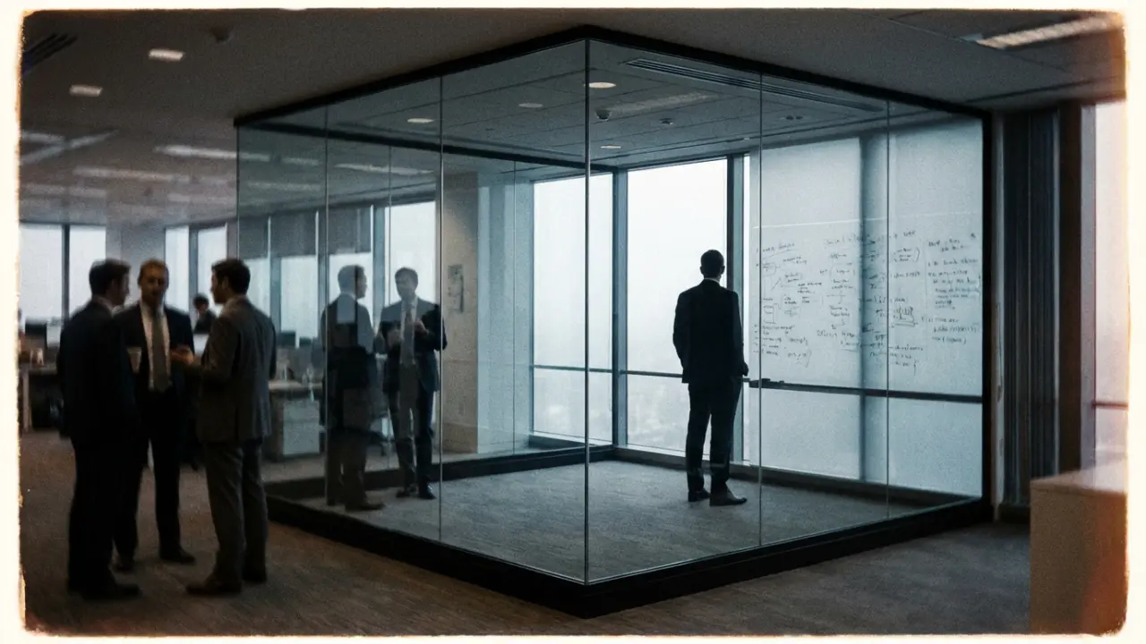 Dirigeant isolé dans une salle de réunion vitrée, coupé de son équipe