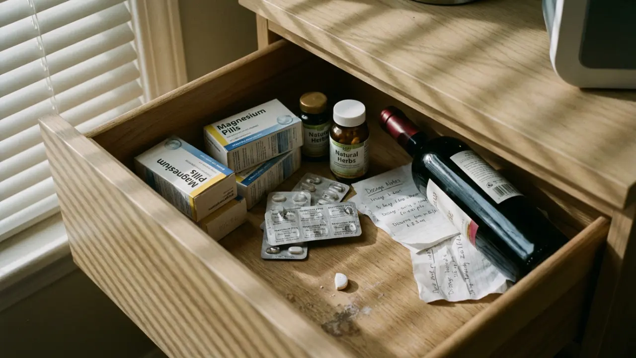 Tiroir contenant multiples boîtes de médicaments et substances pour gérer le stress d'un cadre dirigeant