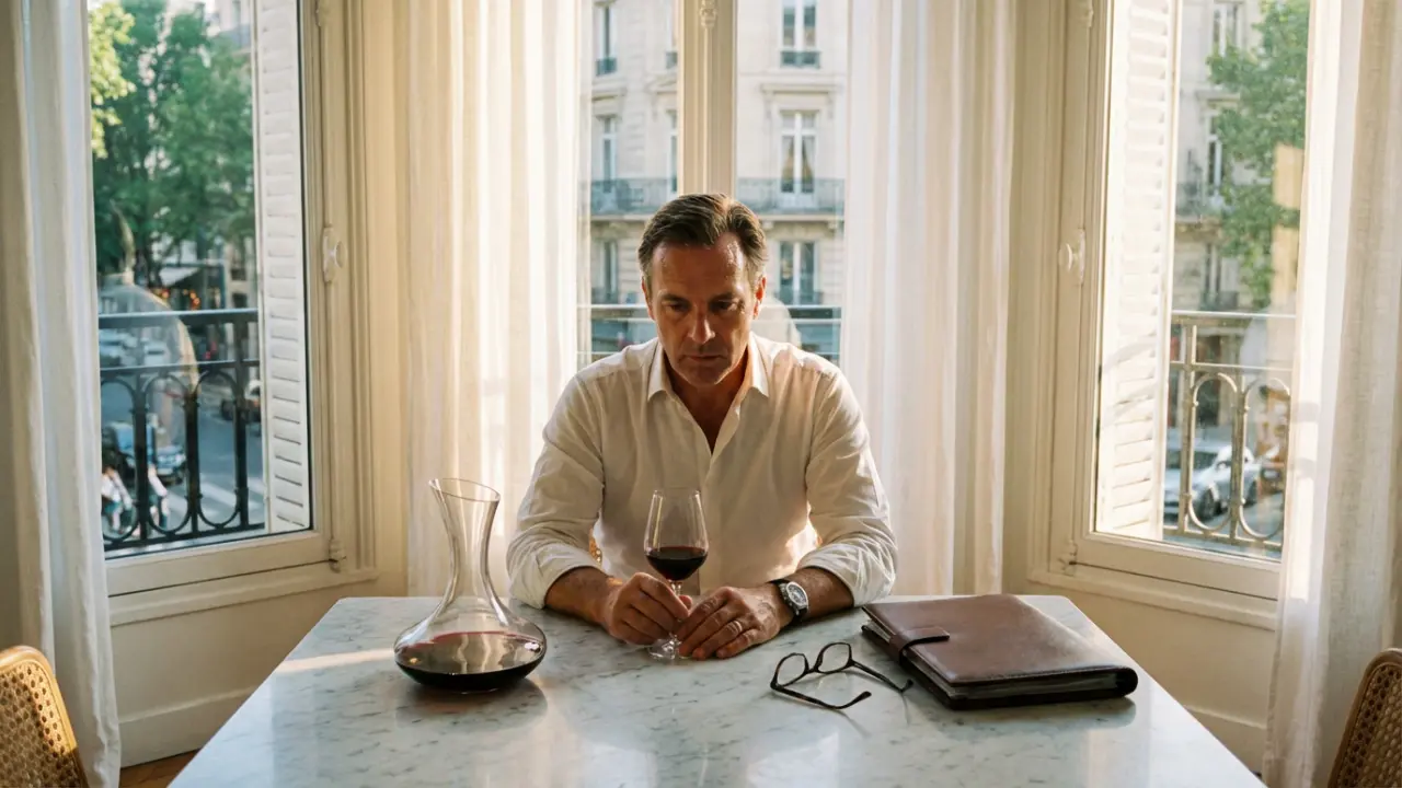 Cadre dirigeant seul avec son verre de vin quotidien au coucher du soleil