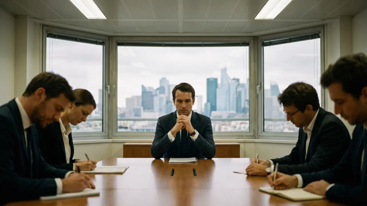 Dirigeant en réunion professionnelle maintenant une façade de contrôle malgré le stress interne