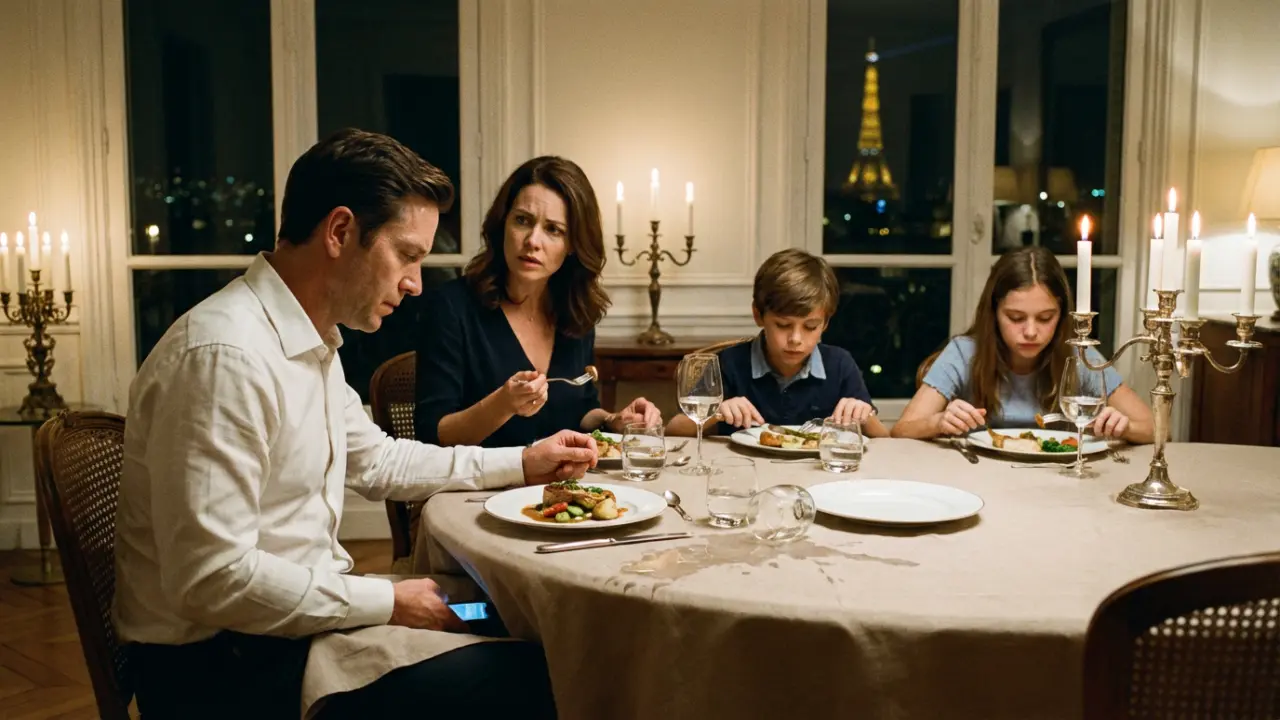 Père absent émotionnellement pendant le repas de famille malgré sa présence physique