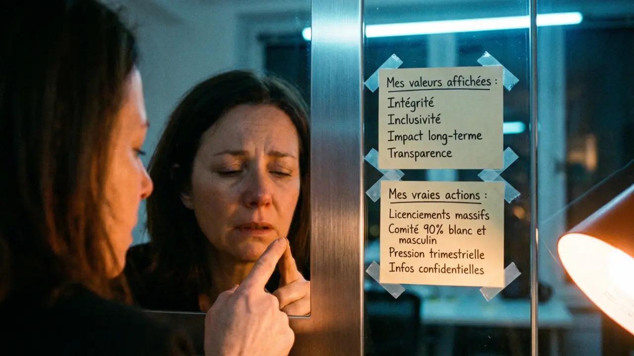 Cadre dirigeante auditant l'écart entre valeurs affichées et actions réelles