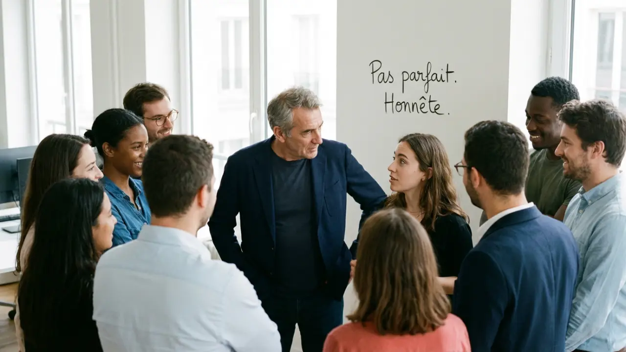 Leader authentique entouré de son équipe diversifiée dans la confiance