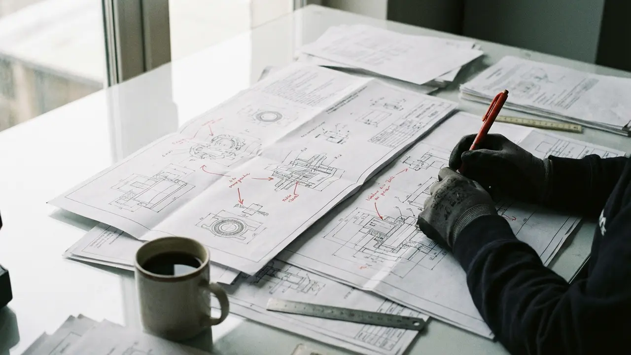 Bureau d'étude avec cartographie des flux circulaires tracée sur plans