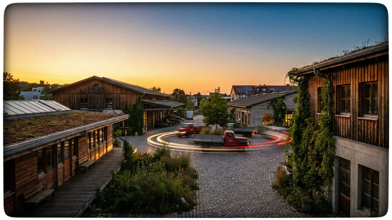 Paysage industriel rénové avec flux circulaires harmonieux au coucher du soleil
	