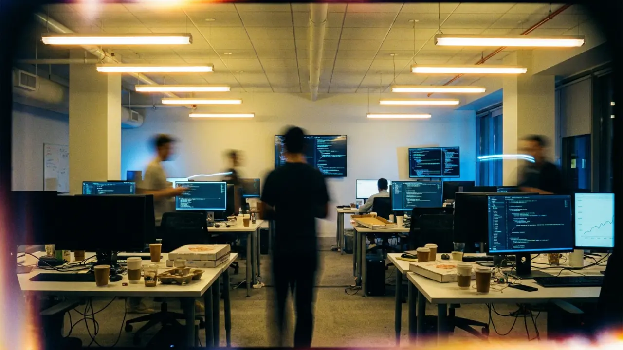 Open space de startup en activité intense tard le soir symbolisant l'hyper-croissance