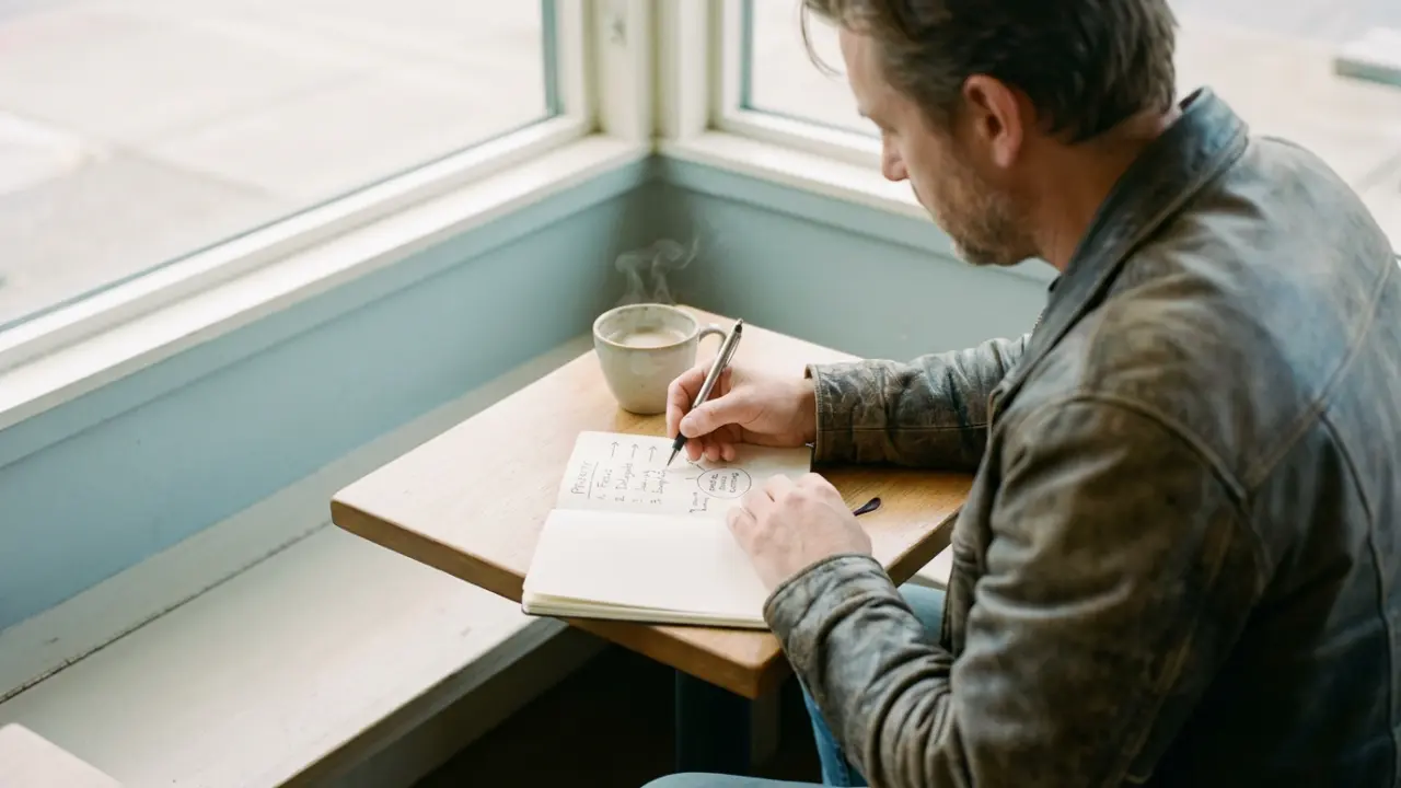 Dirigeant prenant le temps d'écrire et de prioriser dans un moment de calme