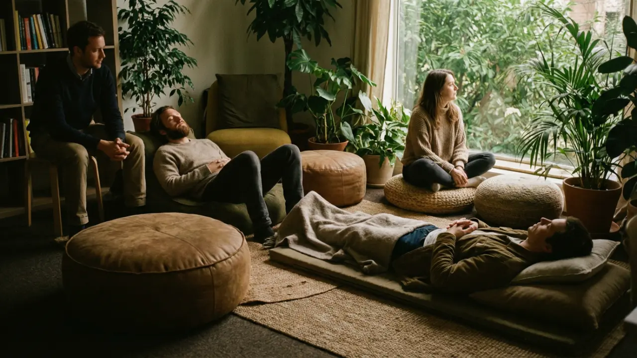 Équipe de startup dans un espace de repos collectif lors d'une pause régénération