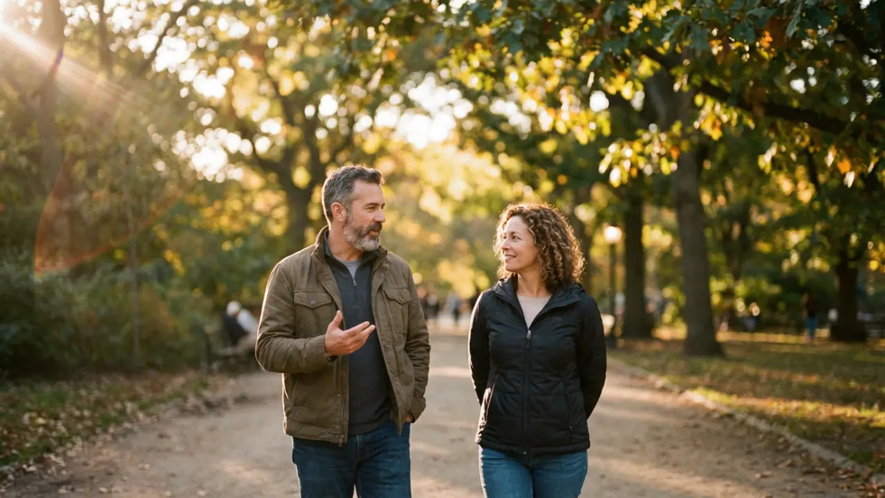 Fondateur et collaborateur marchant ensemble dans un parc lors d'une discussion stratégique