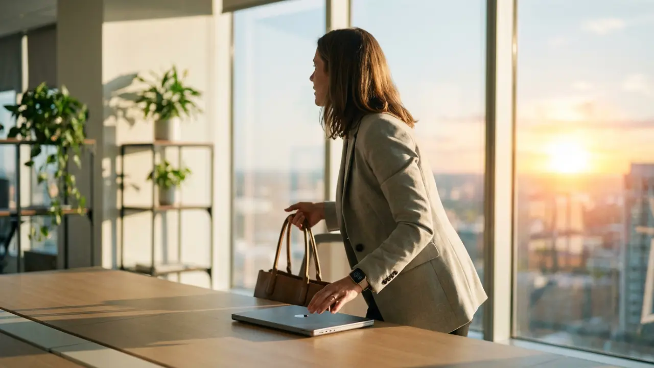 Femme manager quittant son bureau à 17h avec sérénité