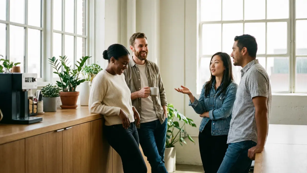 Groupe de collaborateurs détendus discutant autour d'un café