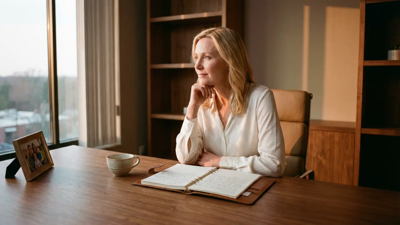 Dirigeante en réflexion à son bureau acceptant sa vulnérabilité