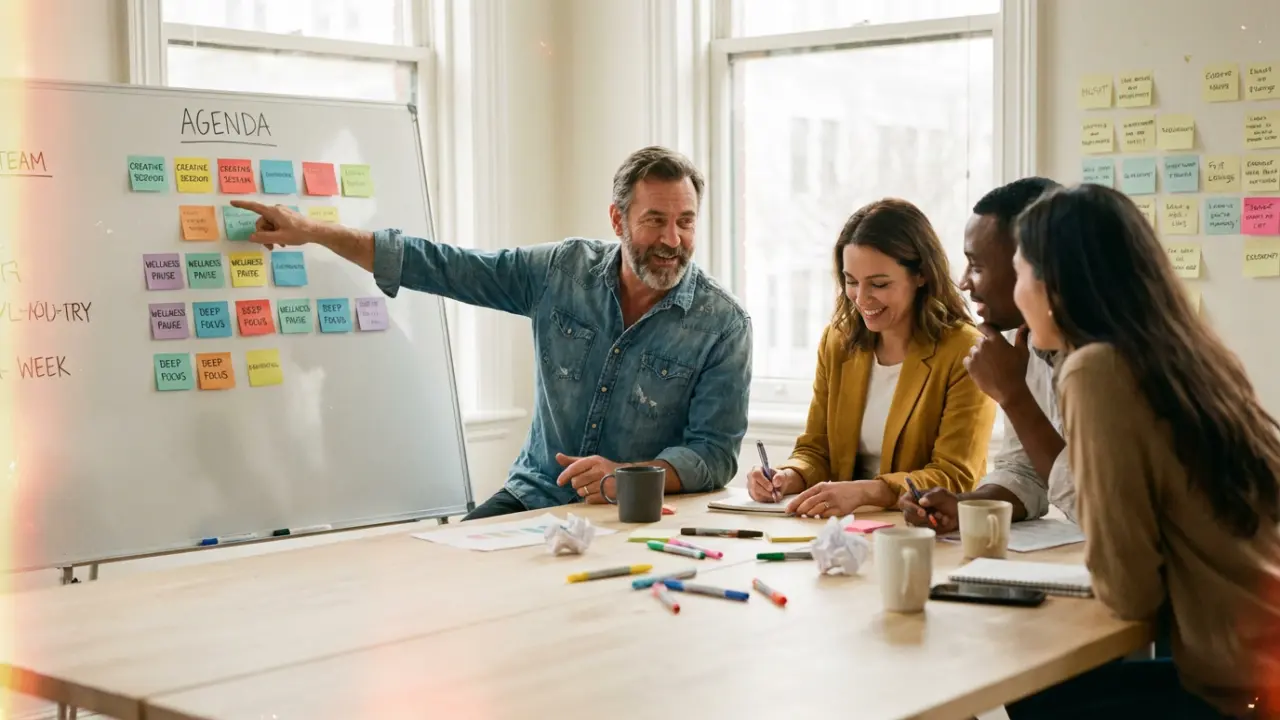 Réunion d'équipe collaborative autour d'un planning mural