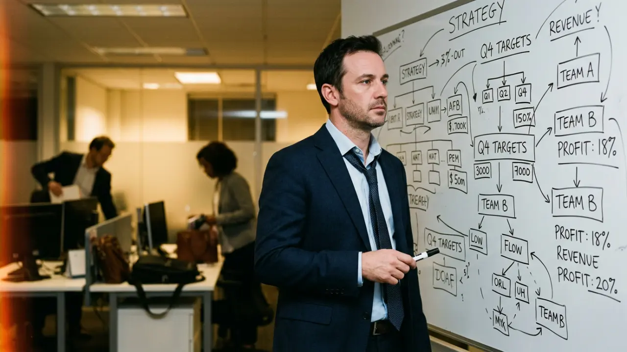 Dirigeant face à un tableau blanc surchargé de données, regard suspendu, fatigue invisible