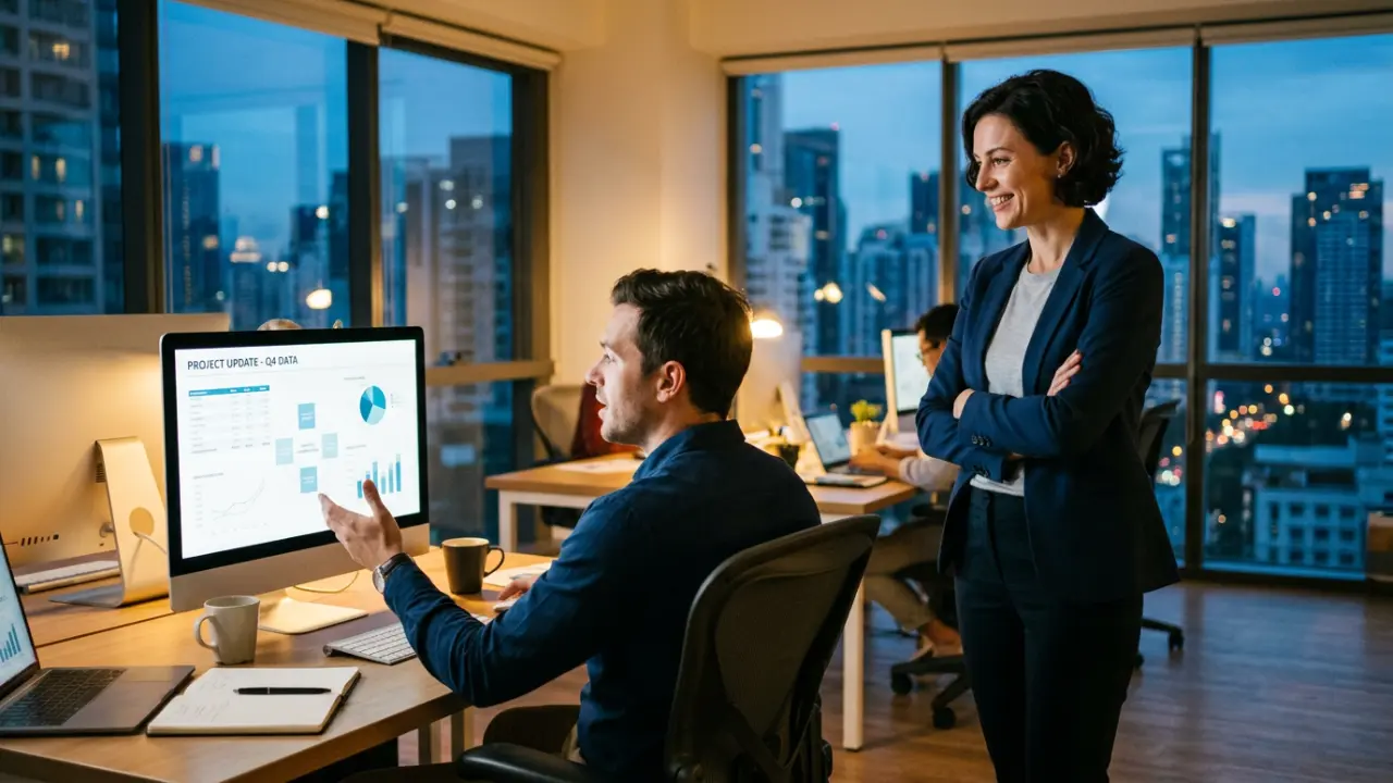 Dirigeante debout en retrait observant son collaborateur travailler de façon autonome sur un écran