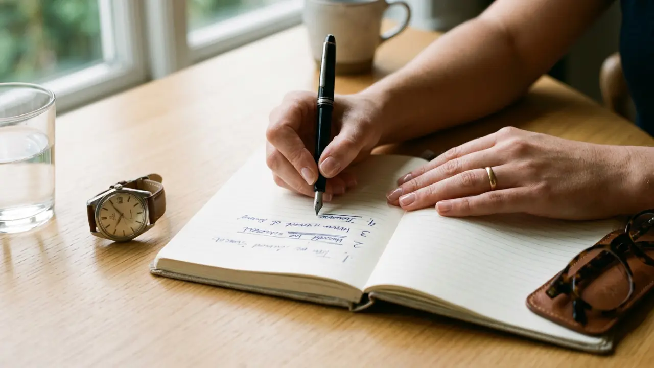 Mains féminines tenant un carnet d'auto-évaluation ouvert, montre et verre d'eau posés à côté, lumière naturelle douce
