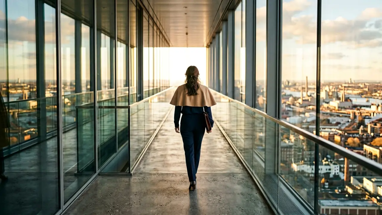 Dirigeante marchant seule dans un couloir vitré en hauteur, démarche assurée et détendue, lumière dorée matinale