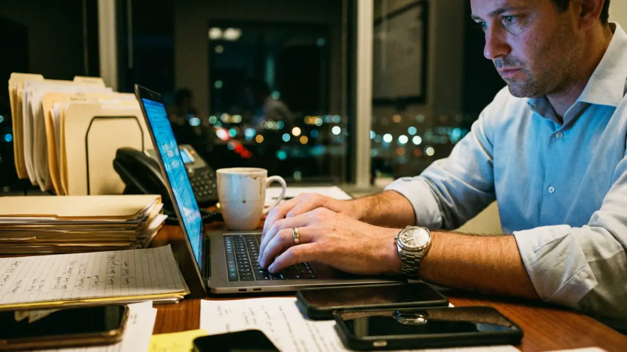 Executive en hyper-vigilance travaillant tard le soir sur son ordinateur