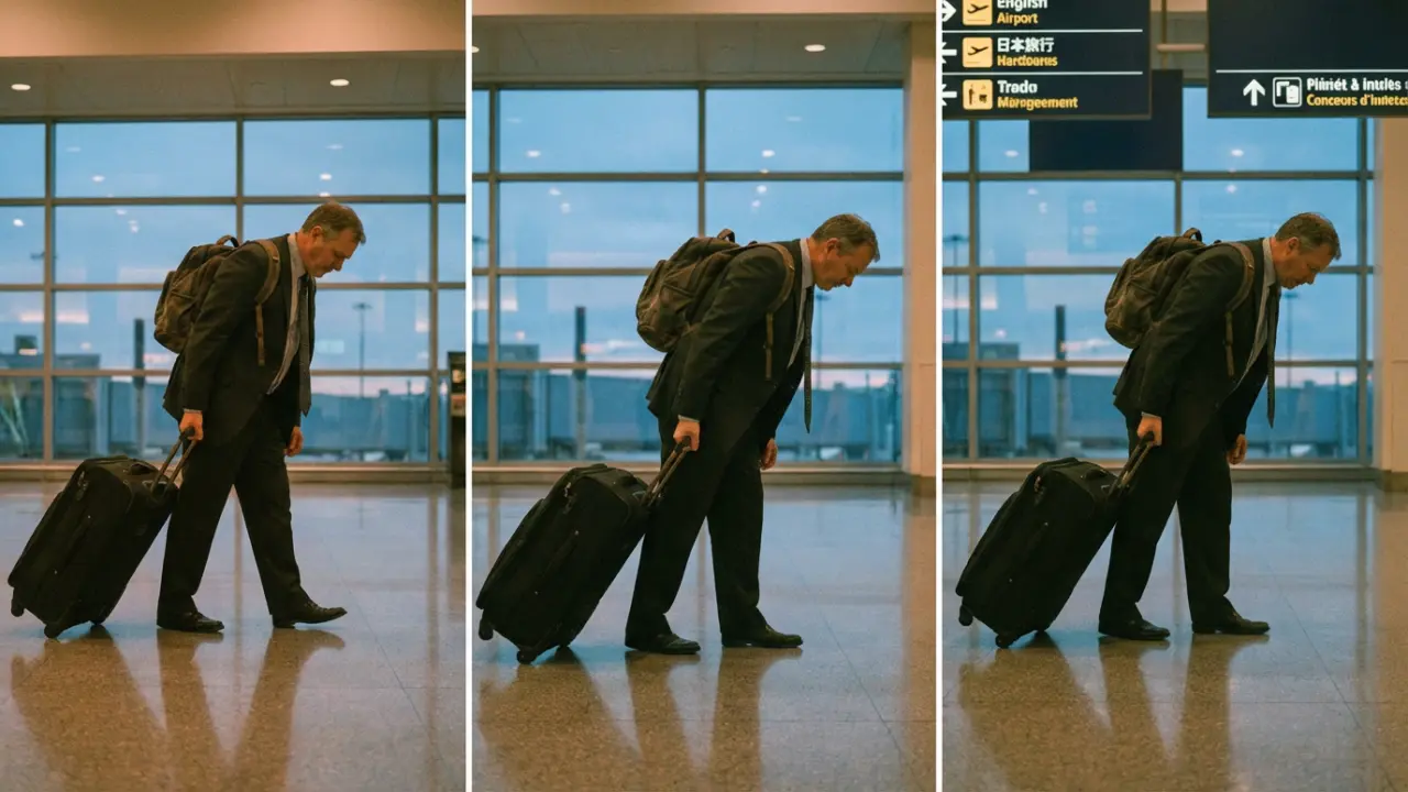 Executive traînant sa valise dans un terminal d'aéroport à l'aube