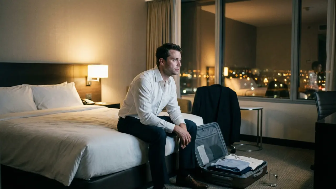 Dirigeant seul dans une chambre d'hôtel regardant la ville de nuit