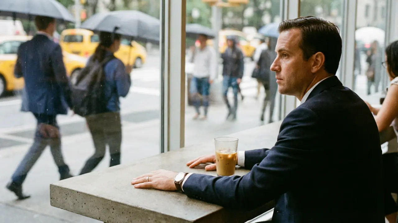 Homme en costume seul devant un café froid dans un moment de pause