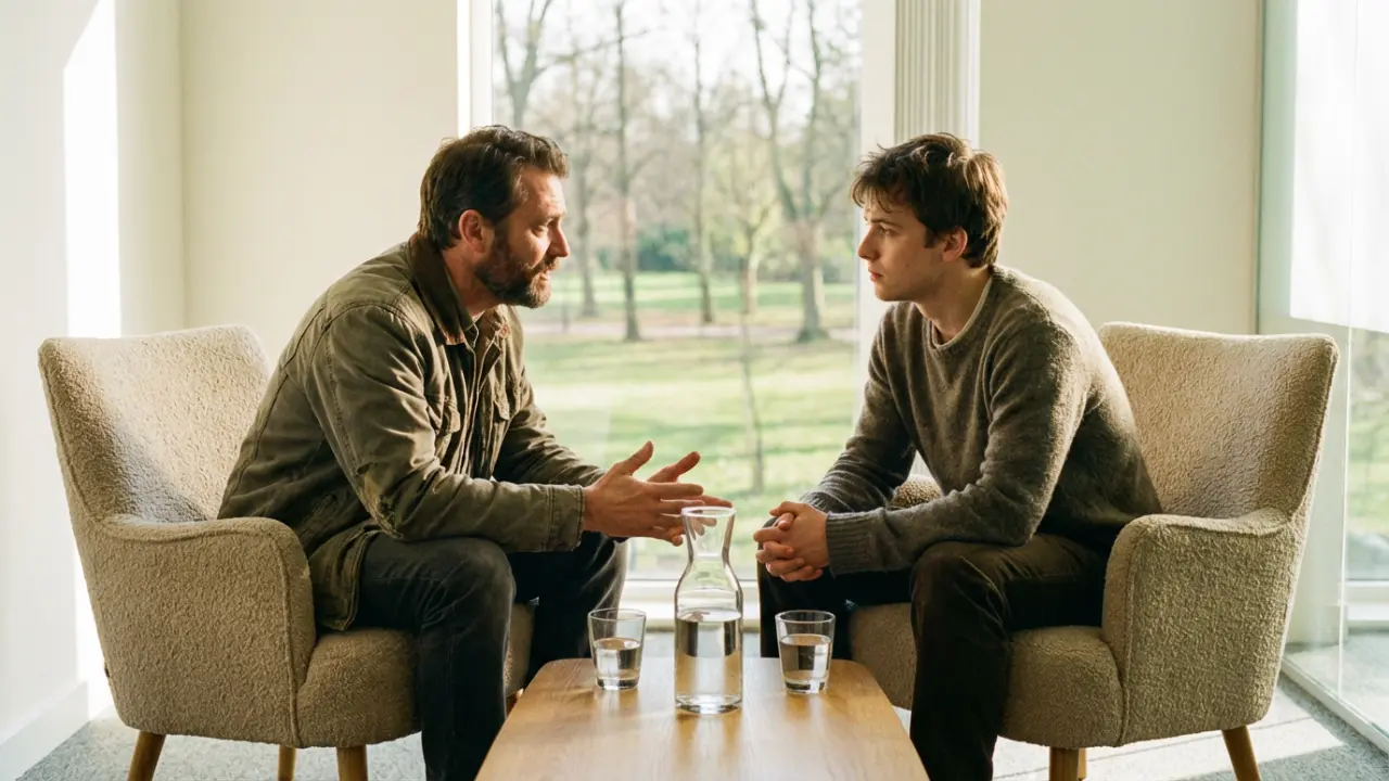 Deux hommes en conversation confidentielle dans un bureau serein et lumineux