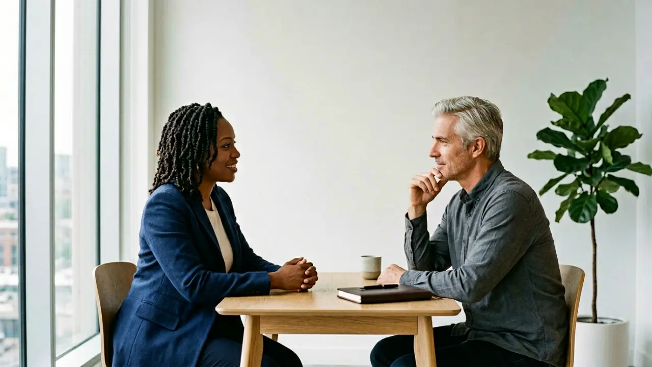 Séance d'executive coaching entre une dirigeante et son coach dans un espace épuré et lumineux