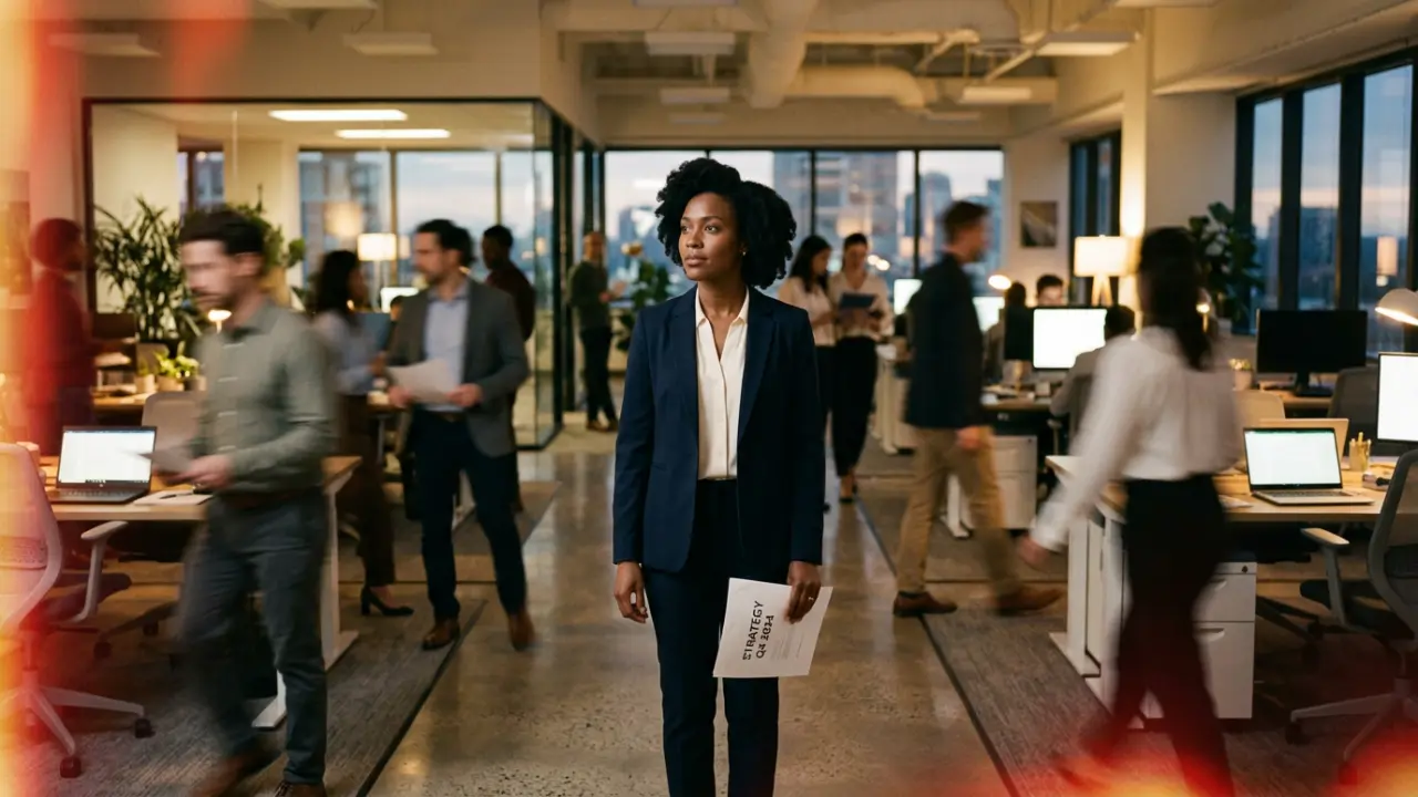 Dirigeante immobile et concentrée au centre d'un open-space en mouvement, illustrant la lucidité stratégique