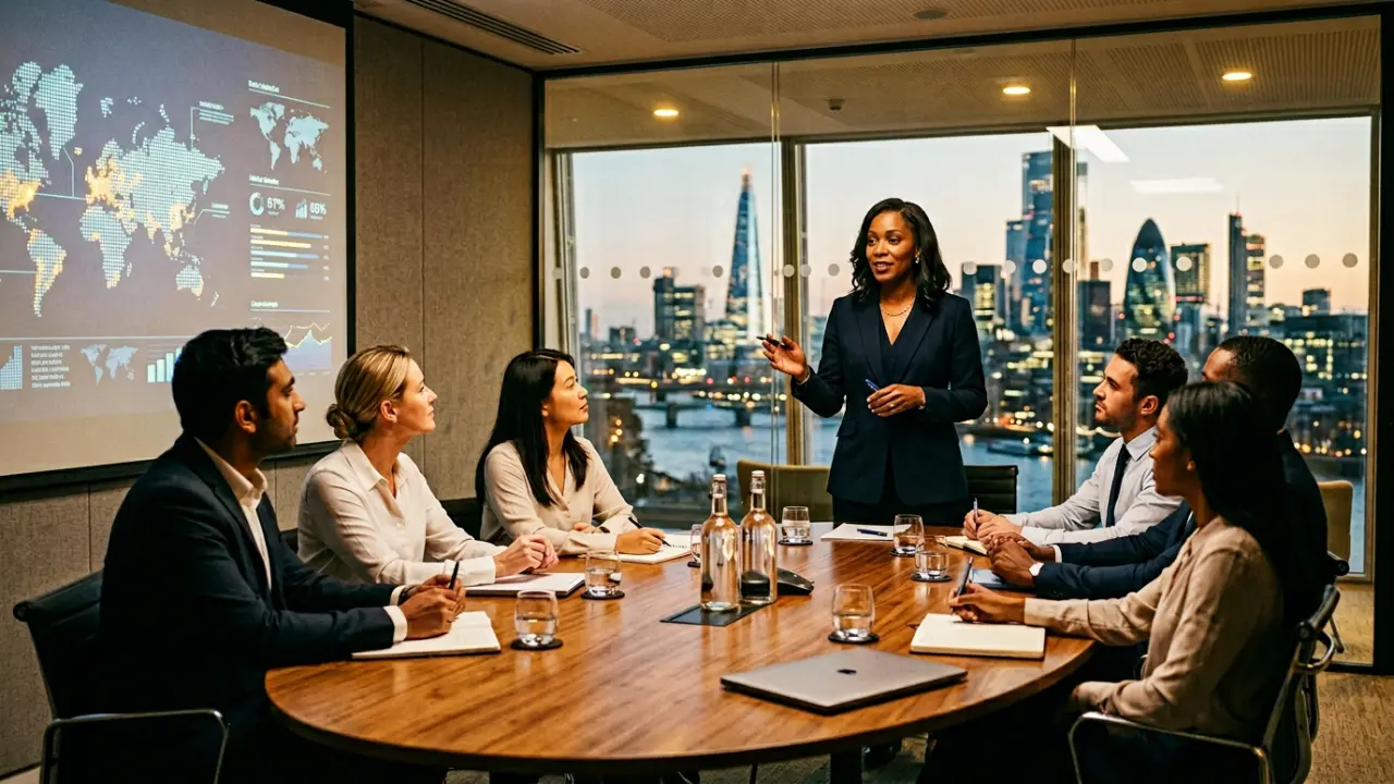 Dirigeante internationale prenant la parole devant une équipe multiculturelle en salle de réunion