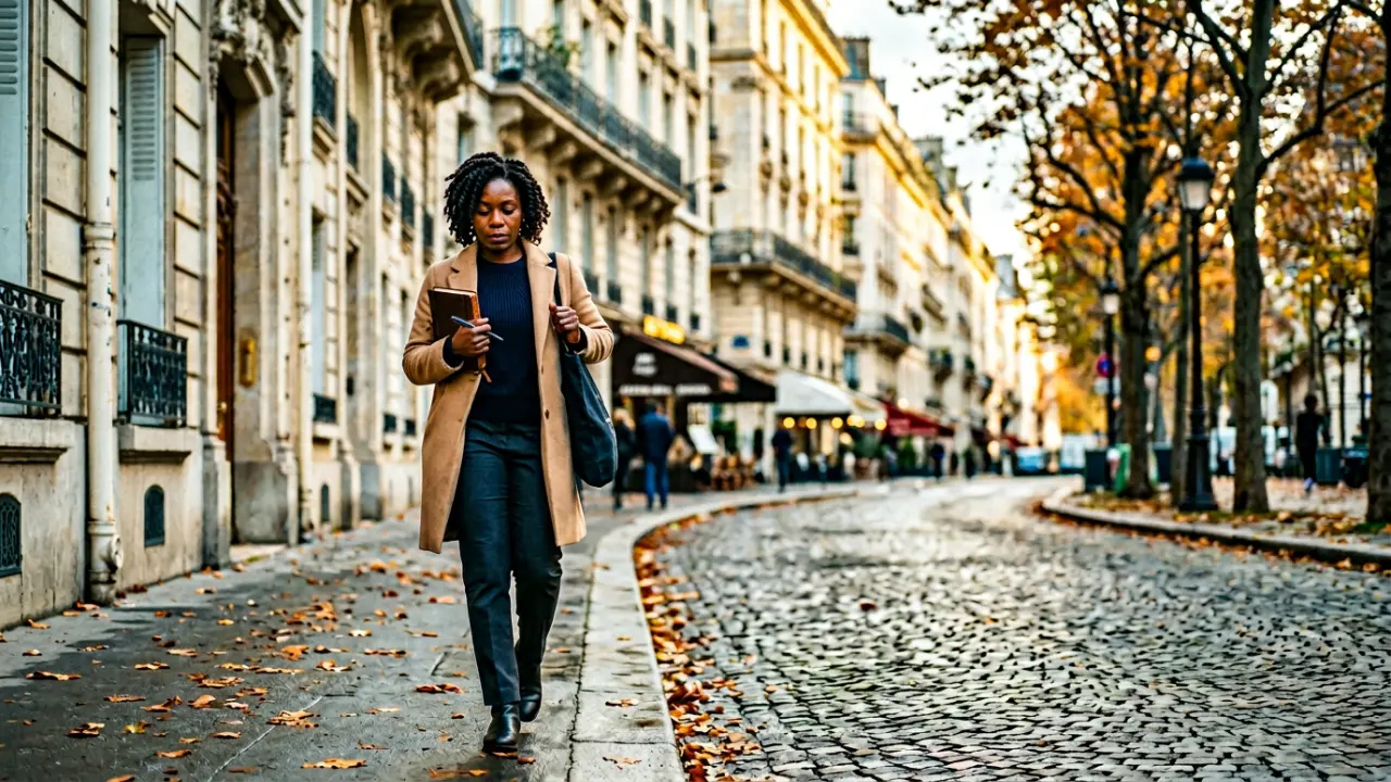 Dirigeante se promenant seule dans une rue parisienne haussmannienne, carnet sous le bras, en état de réflexion