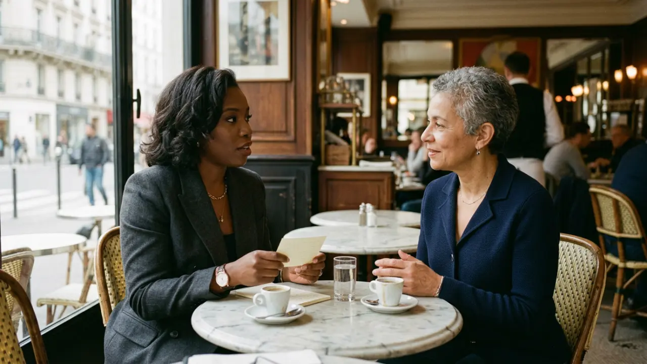Première rencontre exploratoire entre une dirigeante et une coach autour d'un café dans un salon parisien feutré