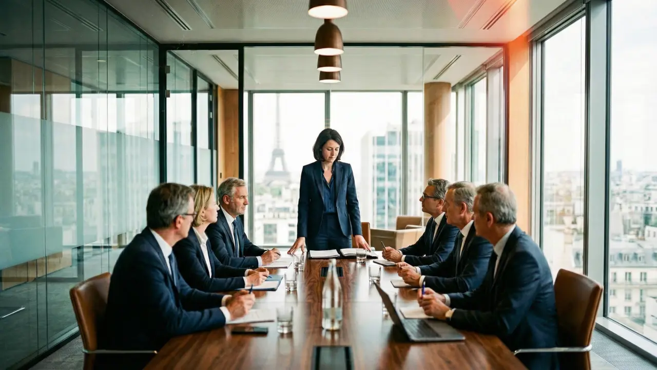 Dirigeante en réunion de COMEX sous haute pression décisionnelle