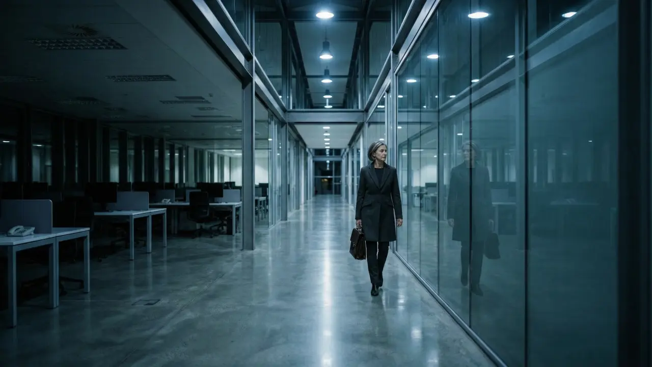 Dirigeante seule dans un couloir de siège social en soirée, solitude du pouvoir