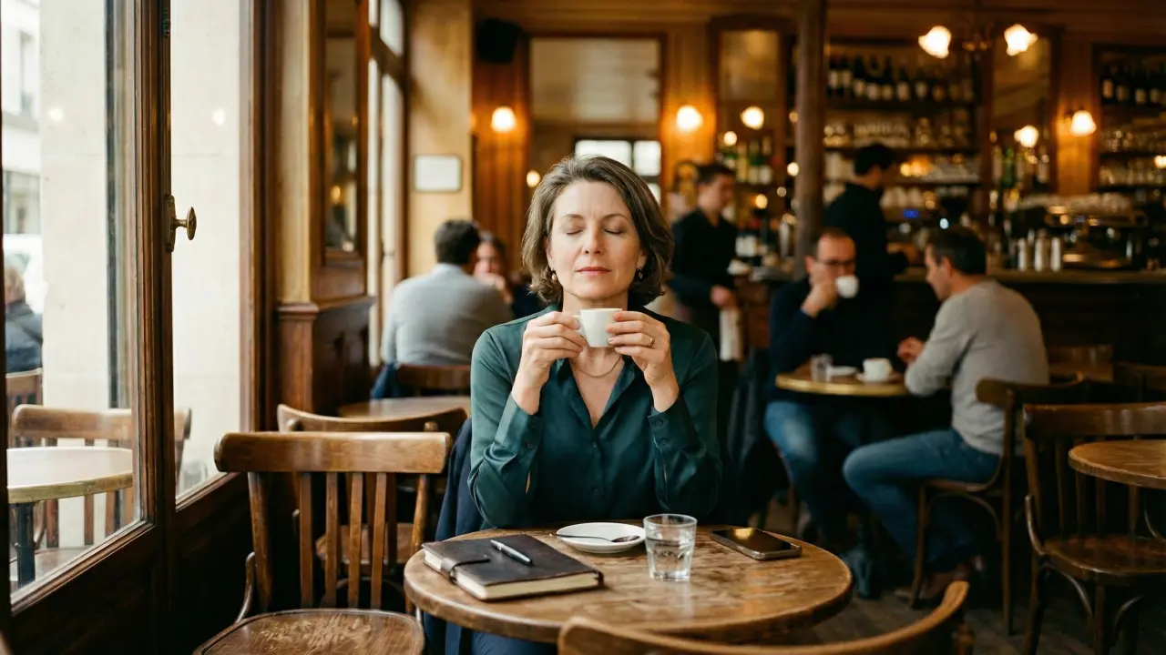 Dirigeante prenant un moment de recul et de régulation émotionnelle dans un café parisien