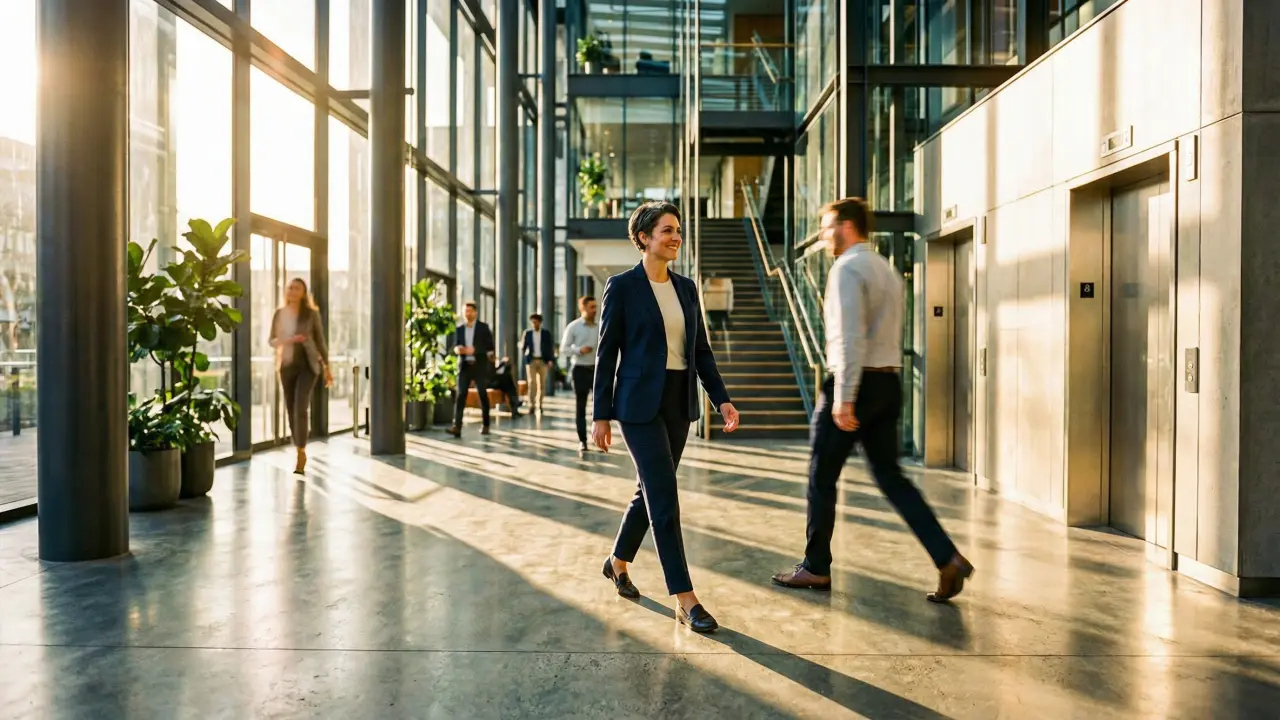 Dirigeante traversant l'atrium de son siège social avec assurance et sérénité, leadership durable