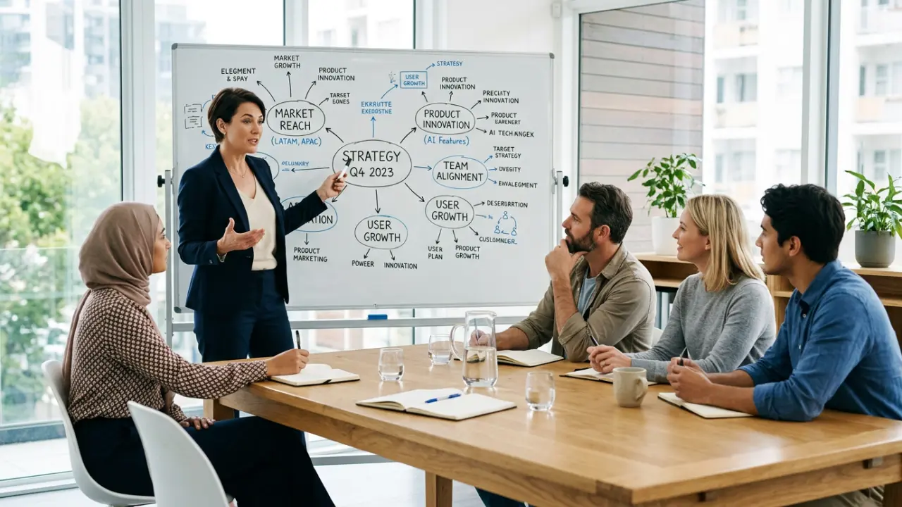 Dirigeante en état de flow animant une réunion stratégique avec fluidité et clarté