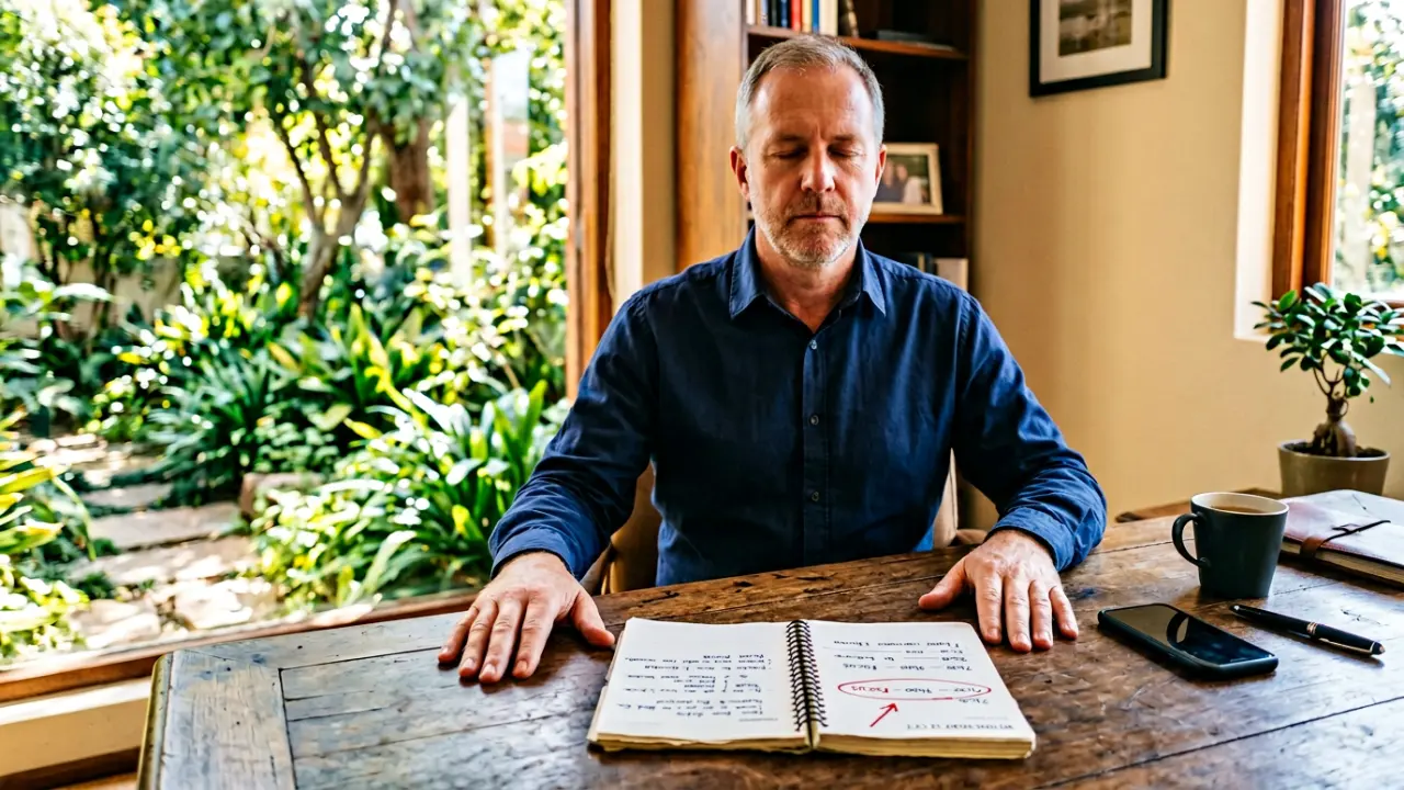 Dirigeant préservant son espace de concentration profonde, téléphone retourné, agenda avec bloc focus