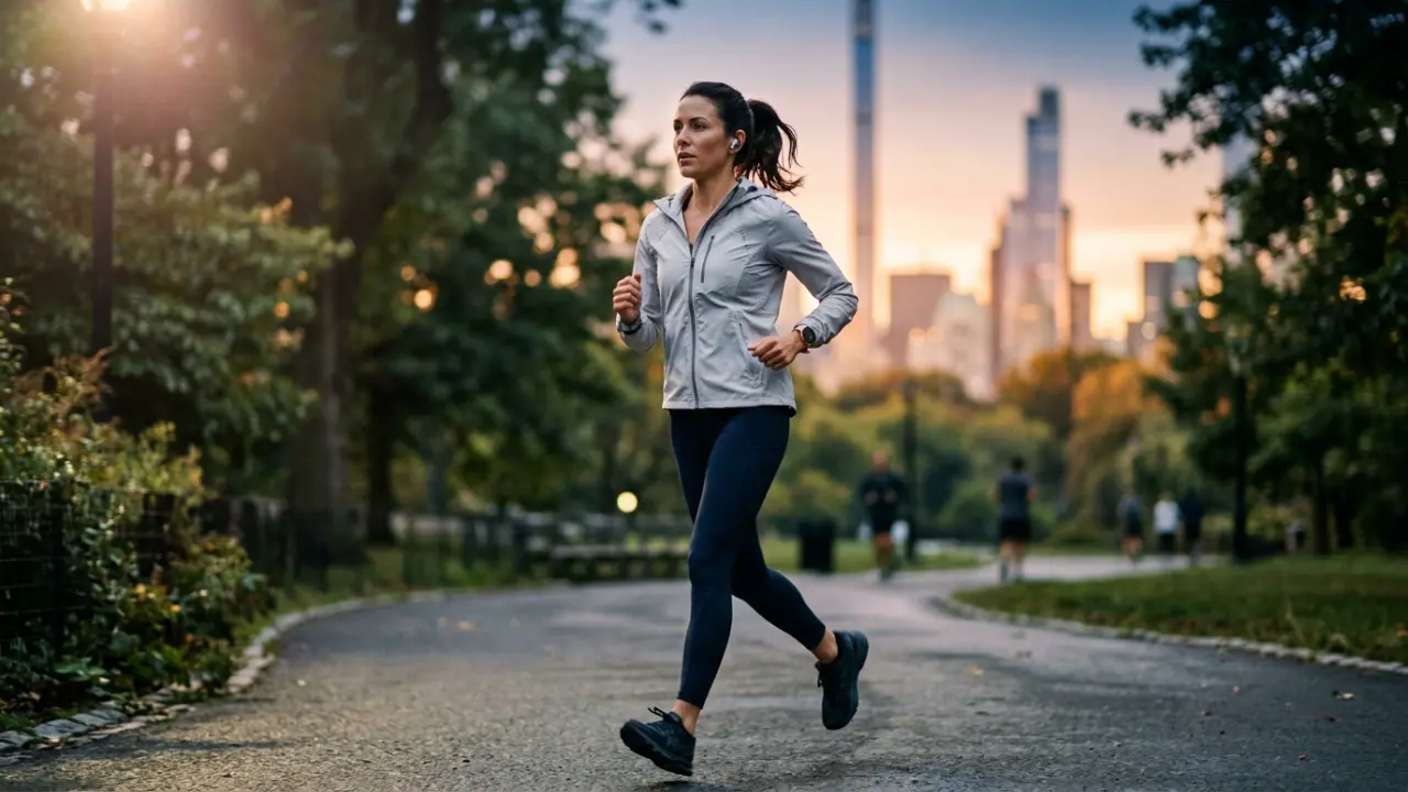 Dirigeante en marche rapide dans un parc urbain au lever du jour, préparation mentale avant une journée stratégique
